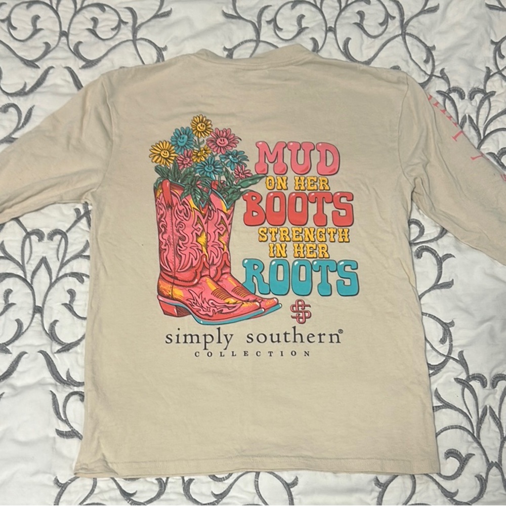 Simply Southern Cream Long-Sleeve Tee with Pink Cowboy Boots Graphic